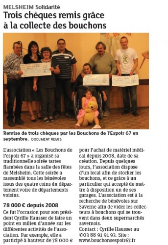 20131017 Trois chèques remis grâce à la collecte des bouchons - Melsheim