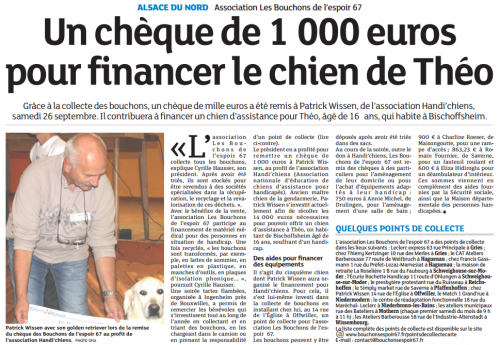20151008 Un chèque de 1000 euros pour financer le chien de Théo-Alsace du Nord
